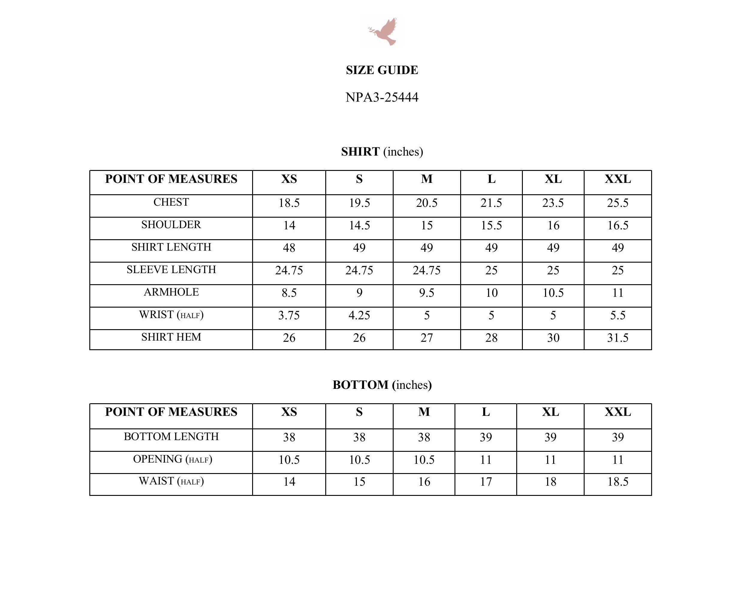 Size chart — ROSE PINK LUXURY EMBROIDERED 3PCS SET (NPA3-25446)